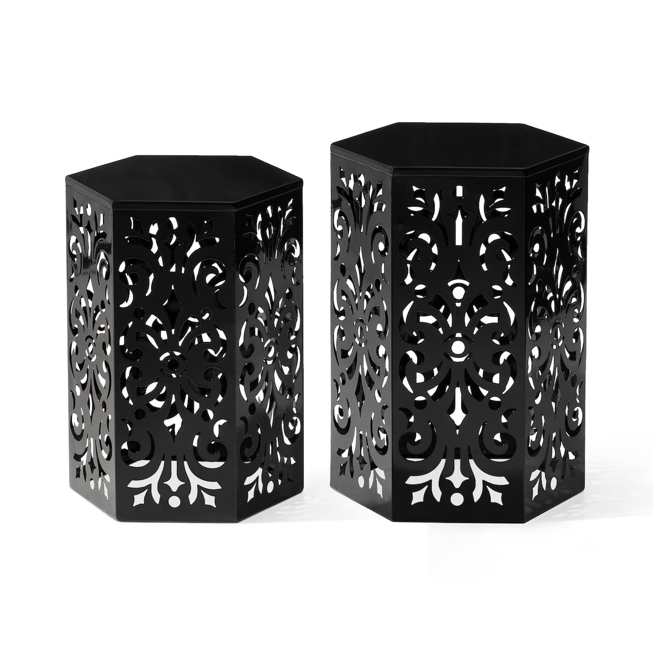 Glitzhome® Black Floral Motif Hexagonal Garden Stool Set